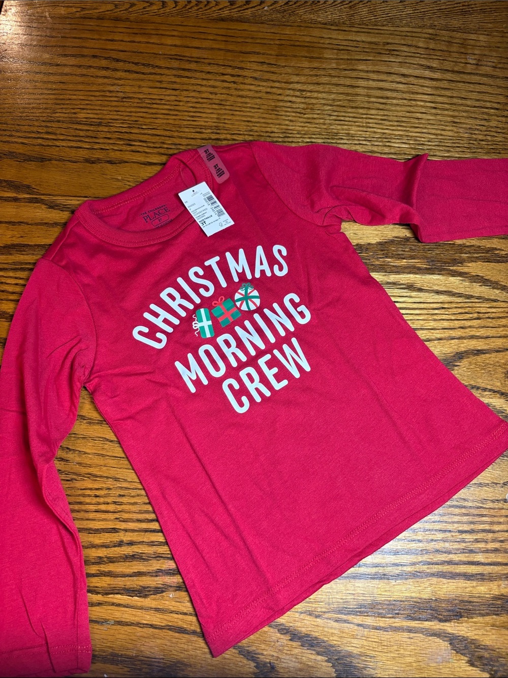 The Children's Place Pink-Red "Christmas Morning Crew" Long Sleeve Tee